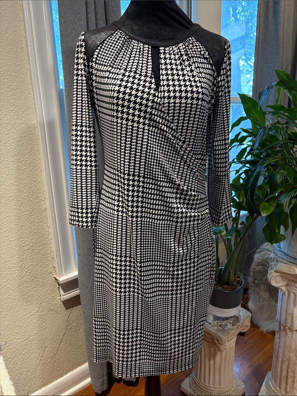 Calvin Klein Black and White Houndstooth Midi Dress